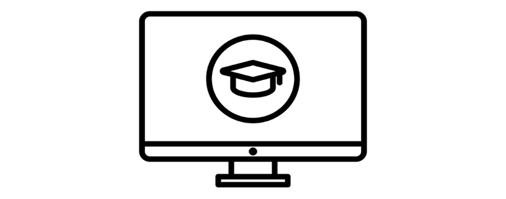 Black and white illustration of a computer monitor. Inside the monitor is a circle, and inside the circle is a mortarboard