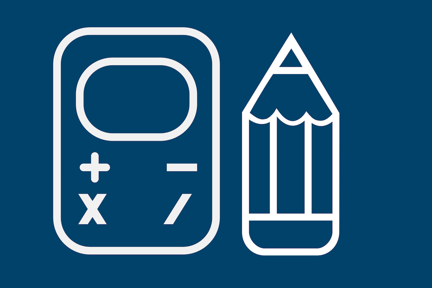 White icons of a calculator and pencil on a blue background