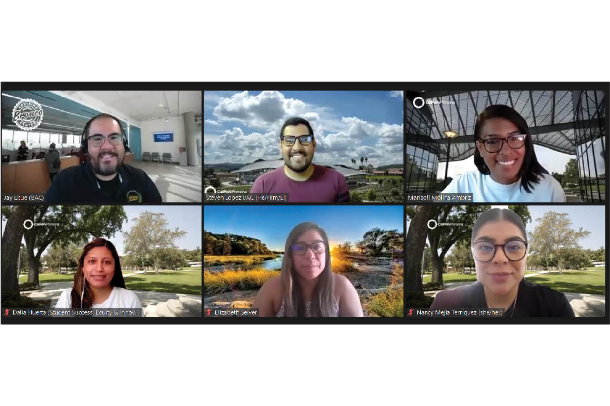 Screenshot of 6 staff members in Zoom, smiling for the camera