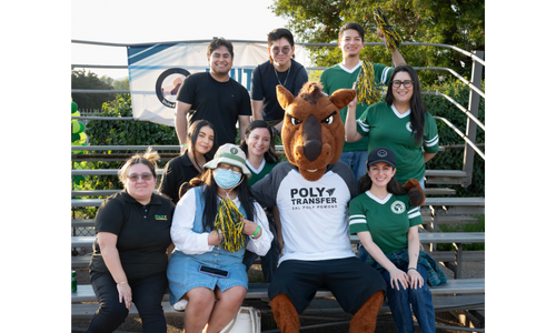 Poly Transfer students with Billy Bronco during the Broncos 3-1 victory over San Francisco State at Cal Poly Pomona 