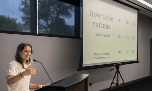 Monica Guzman, author of this year’s common read, I Never Thought of it That Way, at Cal Poly Pomona, presenting at the Curiosity Workshop