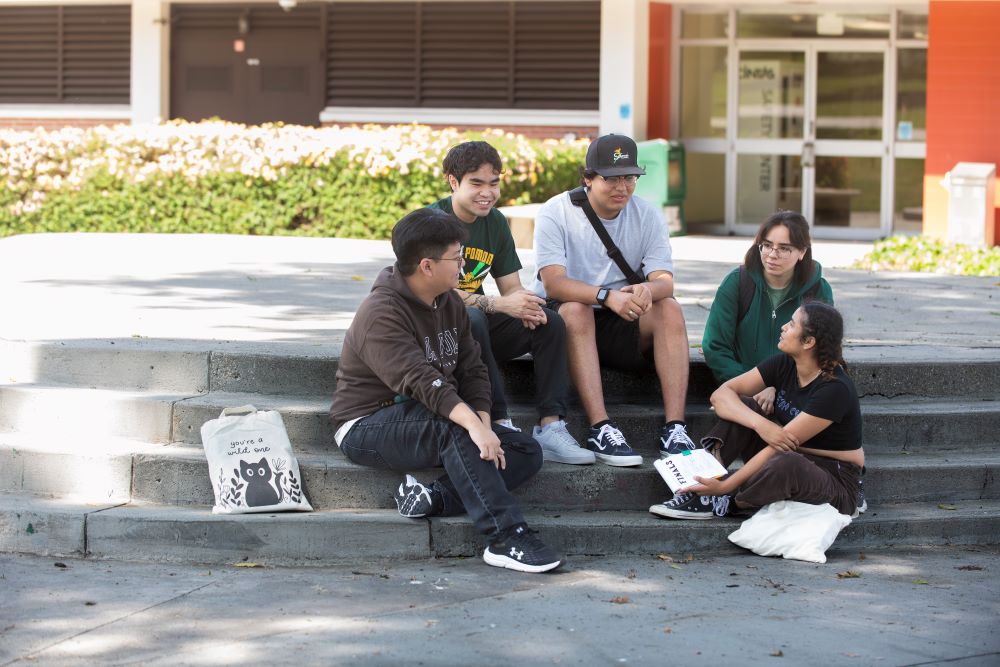 Group of students sit together in quad 