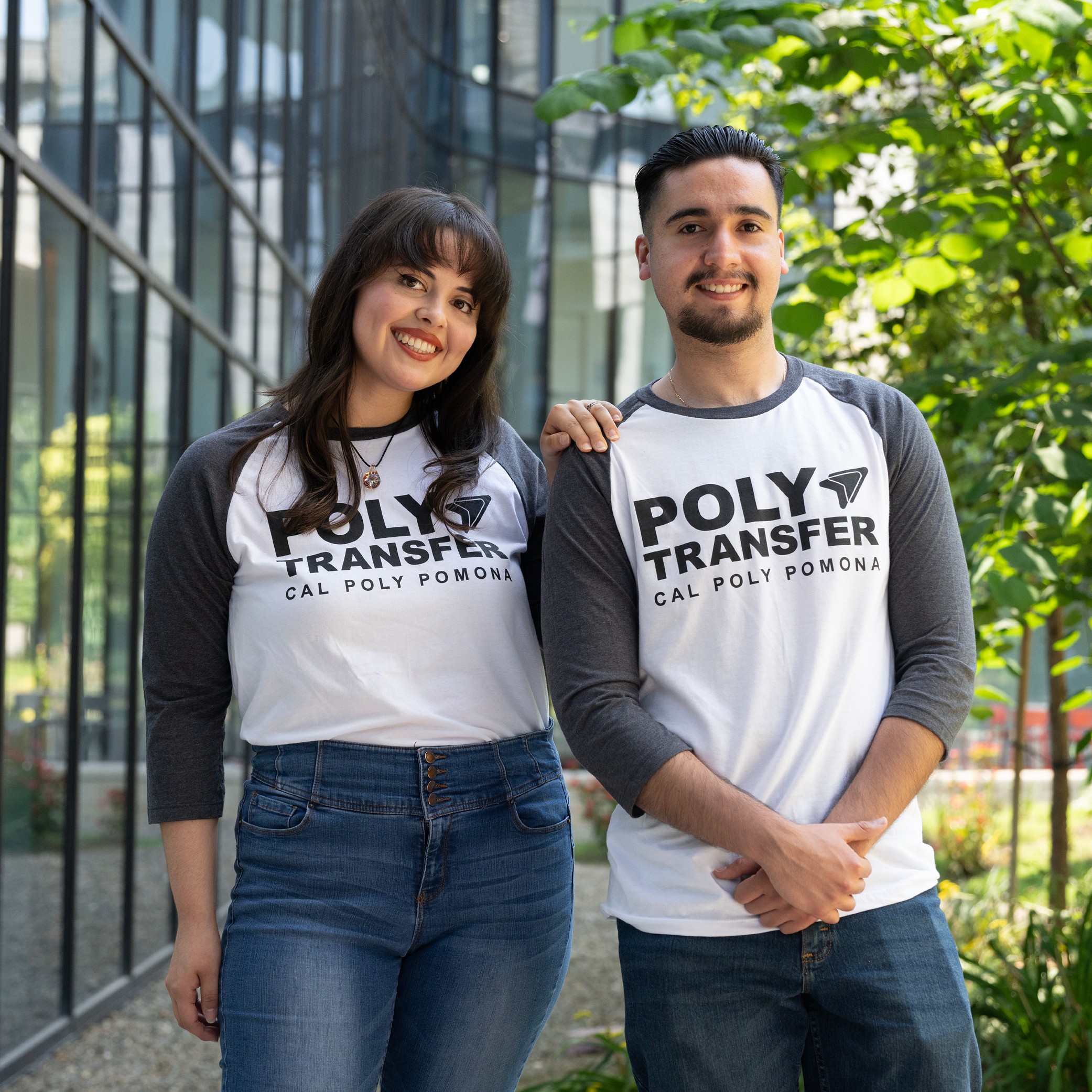 Two students wearing PolyTransfer t-shirts
