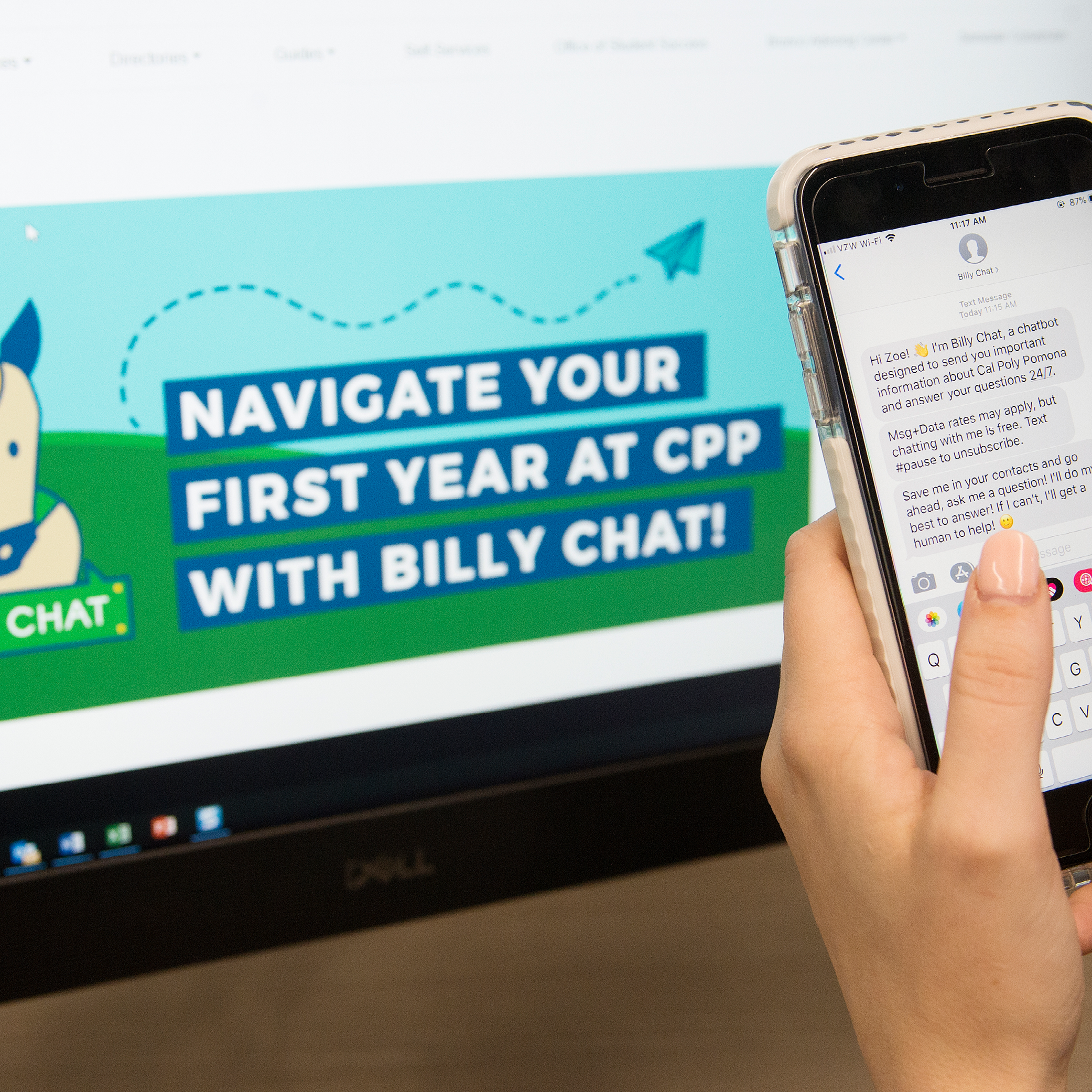 Photo of Billy Chat website and texts on a phone