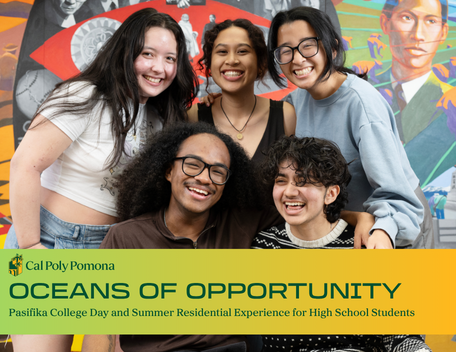 Students posed in front of the Asain and Pacific Islander Student Center mural with writing that says Oceans of Opportunity, Pasifika College Day and Summer Residential Experience for High School Students.