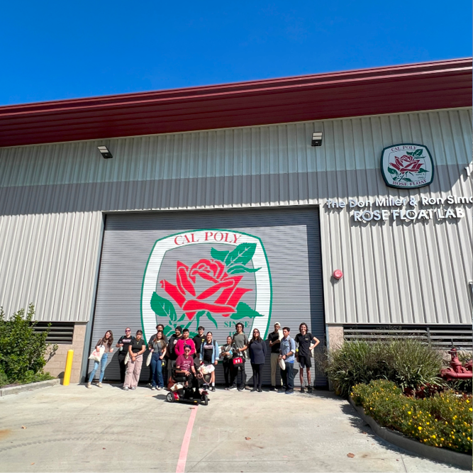 Chaffey College students posing in front of Rose Float Lab