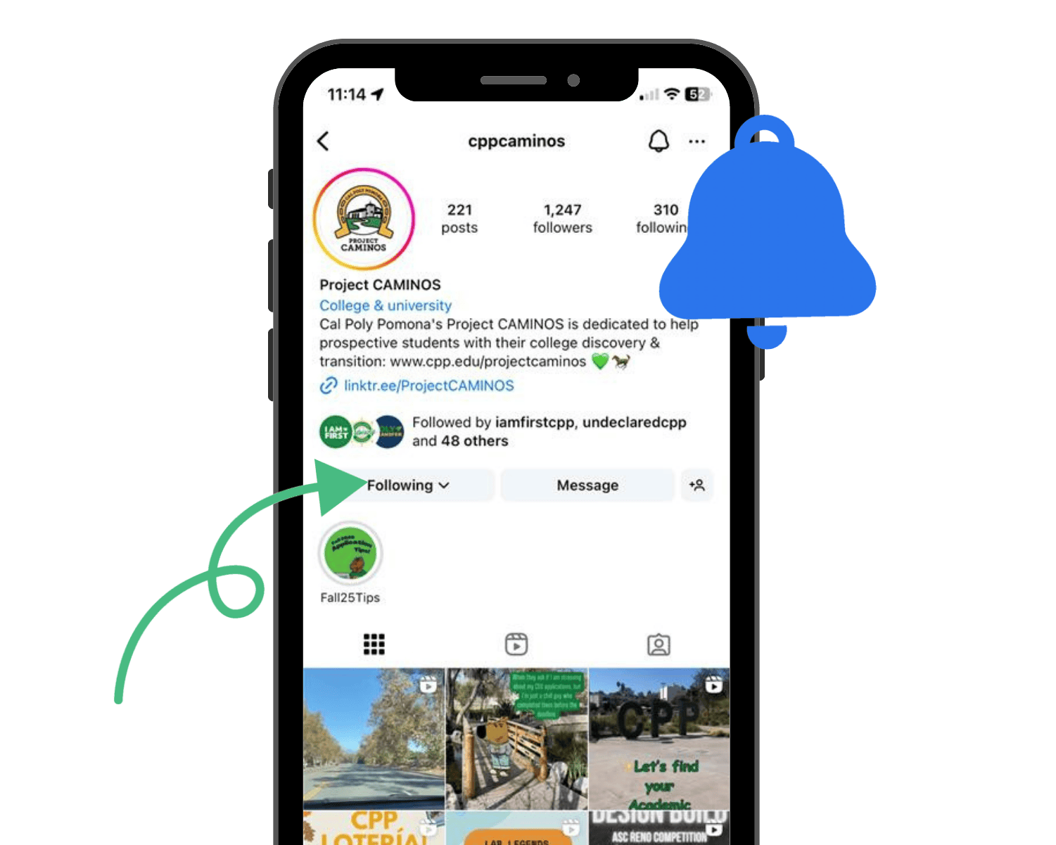 cell phone with CAMINOS Linktr.ee on it, with a green notification bell popping up