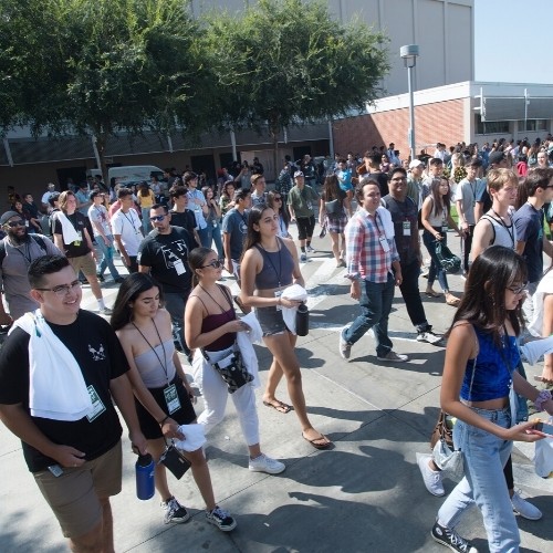 Students walk near Kellogg Arena during CPP Fest, a welcoming engagement event