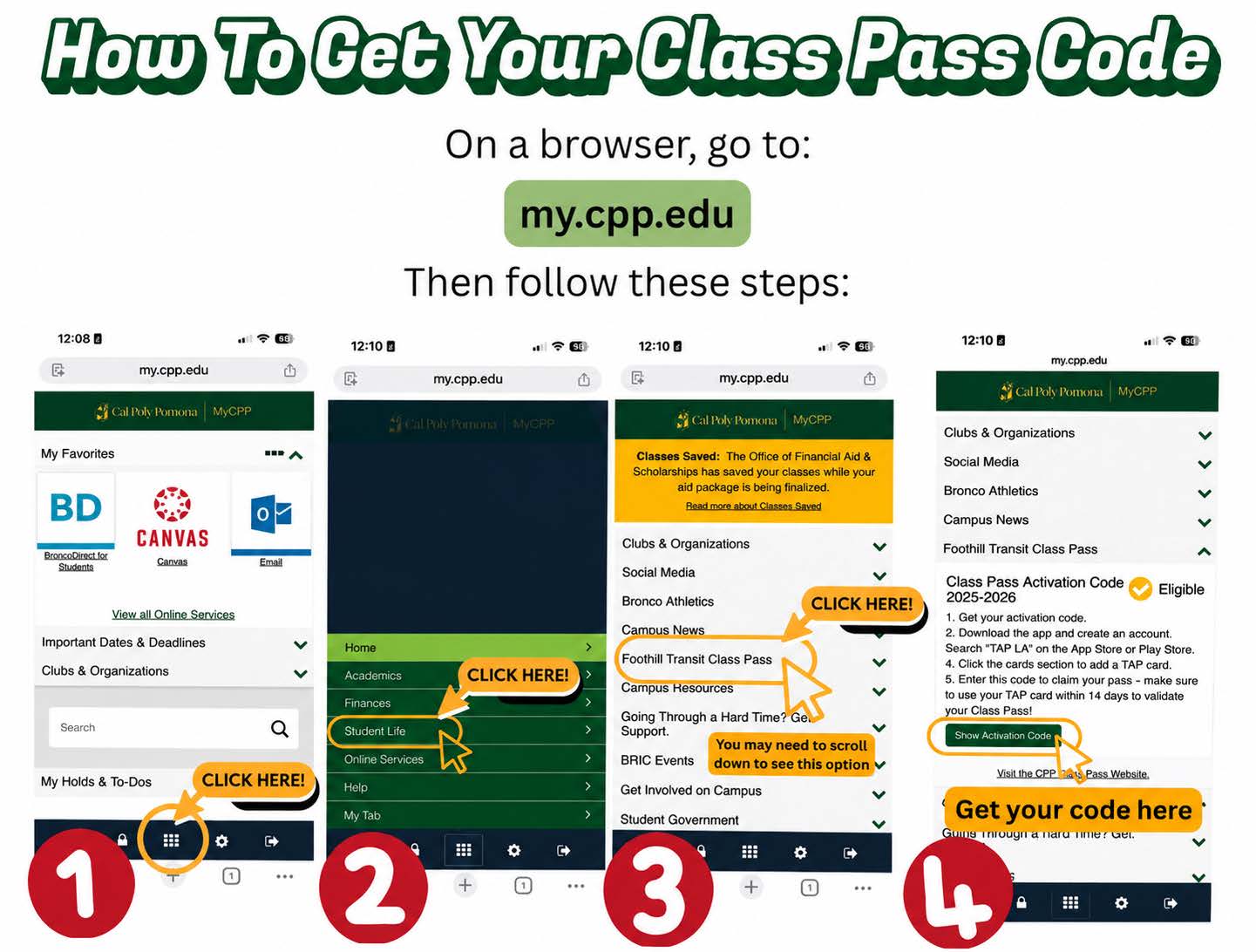 From my.cpp.edu, select student life, foothills class pass and show activation code. Copy the code for next steps