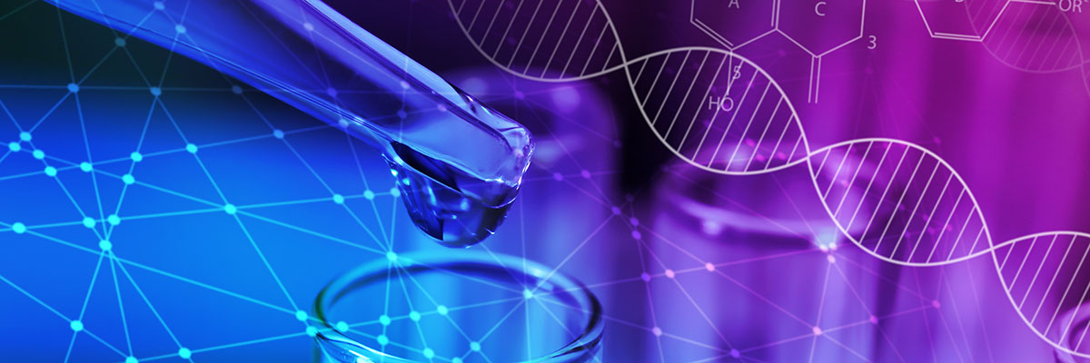 liquid dripping from a pipette, a double helix, a chemical structure diagram