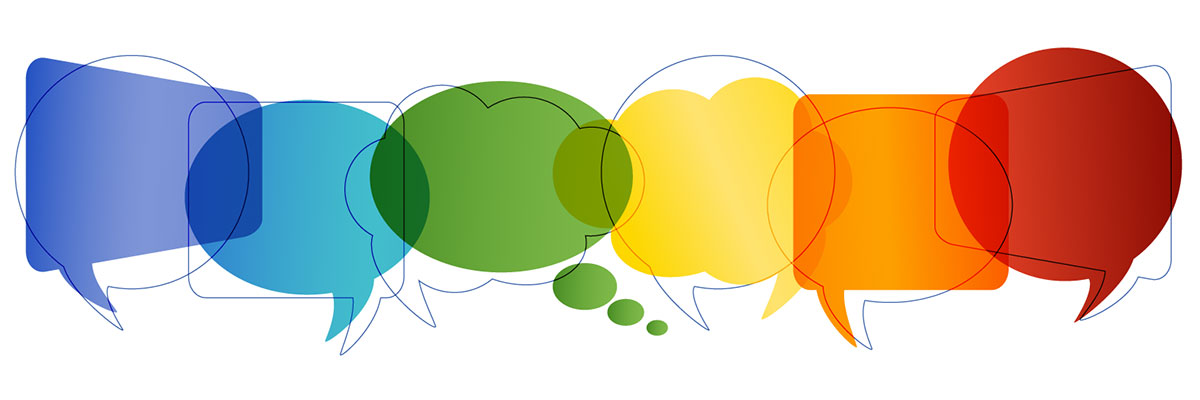 overlapping speech bubbles of various shapes and colors