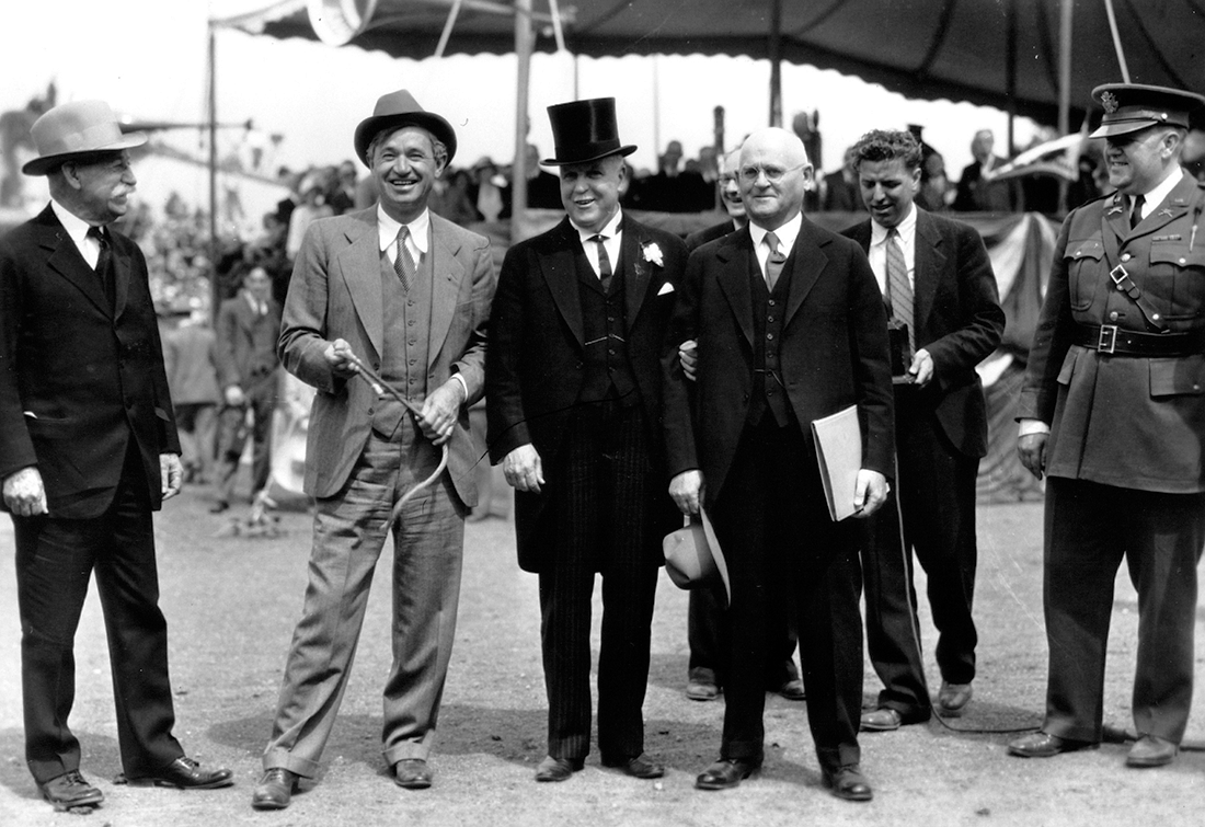 Left to right, Captain William Banning,  Will Rogers, California Govenor  James Rolph and W.K. Kellogg and a National Guard Officer. 