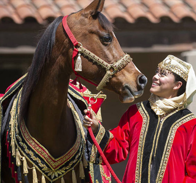 icon of female equestrian in red traditional attire next to her horse