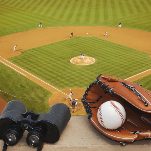 Concert and Sport Venues - at the baseball field with binoculars and baseball with gloves