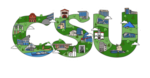 Graphic of the letters CSU with illustrations of the campuses inside each letter, with "Prepared to Succeed California State University" below it