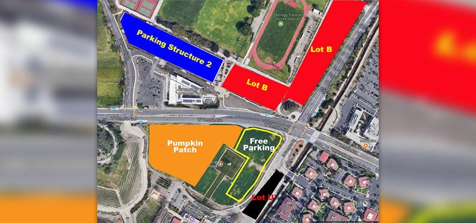 A map showing parking for the Pumpkin Patch.