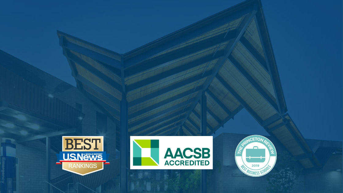 CBA building with AACSB, U.S. News and Princeton Review badges