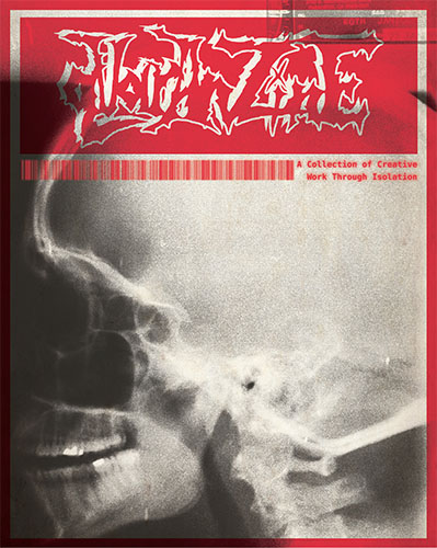 Cover image of Harvest International spring quaranzine: a red background with an xray of a human skull and the words "A Collection of Creative Work Through Isolation"
