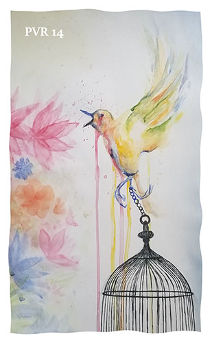 Cover image of the issue: a watercolor painting of flowers and of a yellow bird trying to fly but chained to a birdcage