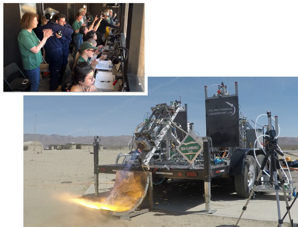 A group of students celebrating as they watch their rocket engine successfully test fire.