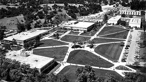 A black and white photo of the CPP quad.