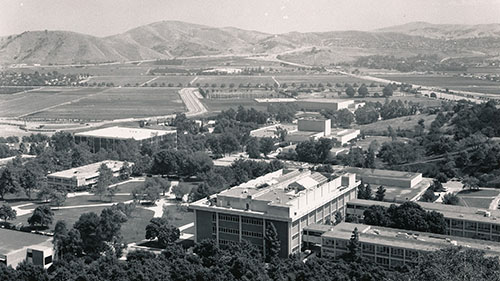 A black and white photo of CPP taken from a hill