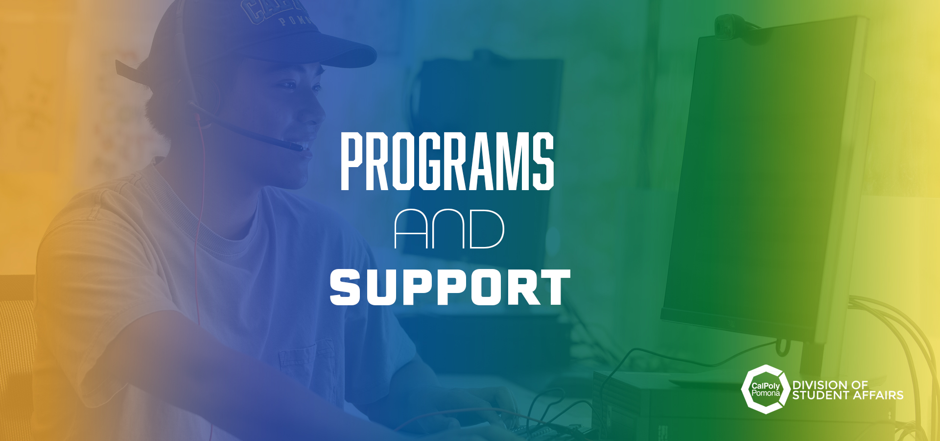 programs and support banner with cpp staff on computer