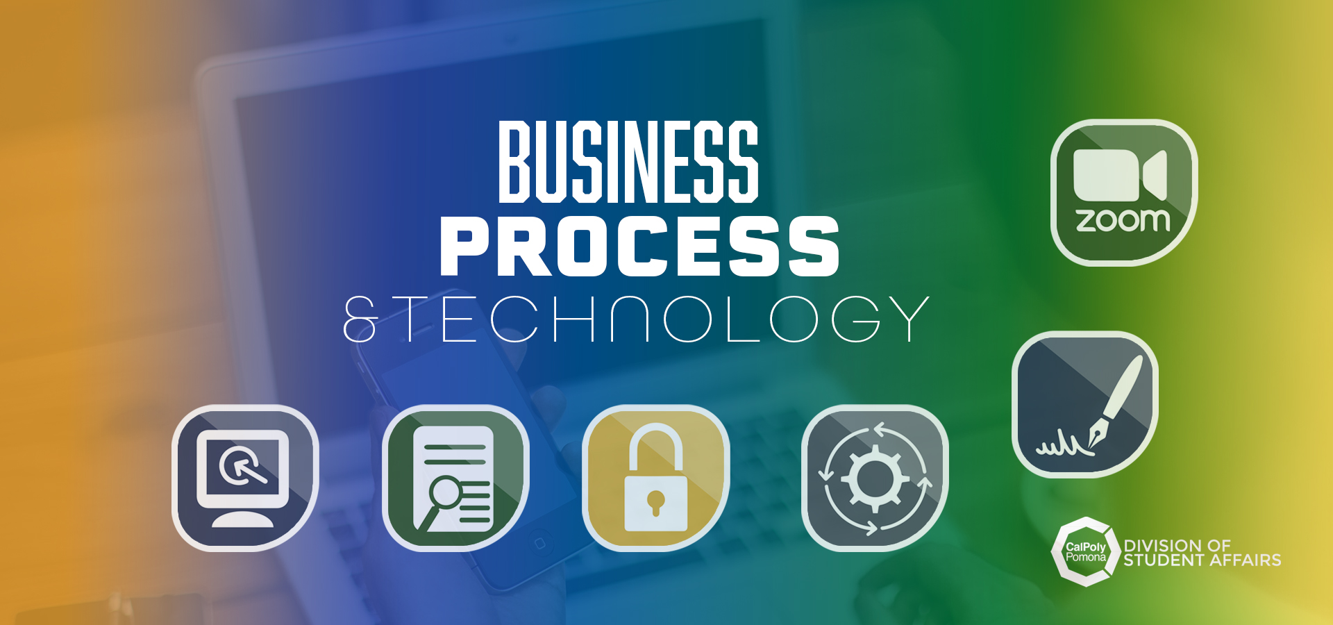 Business process technology banner with technology icons and computer photo