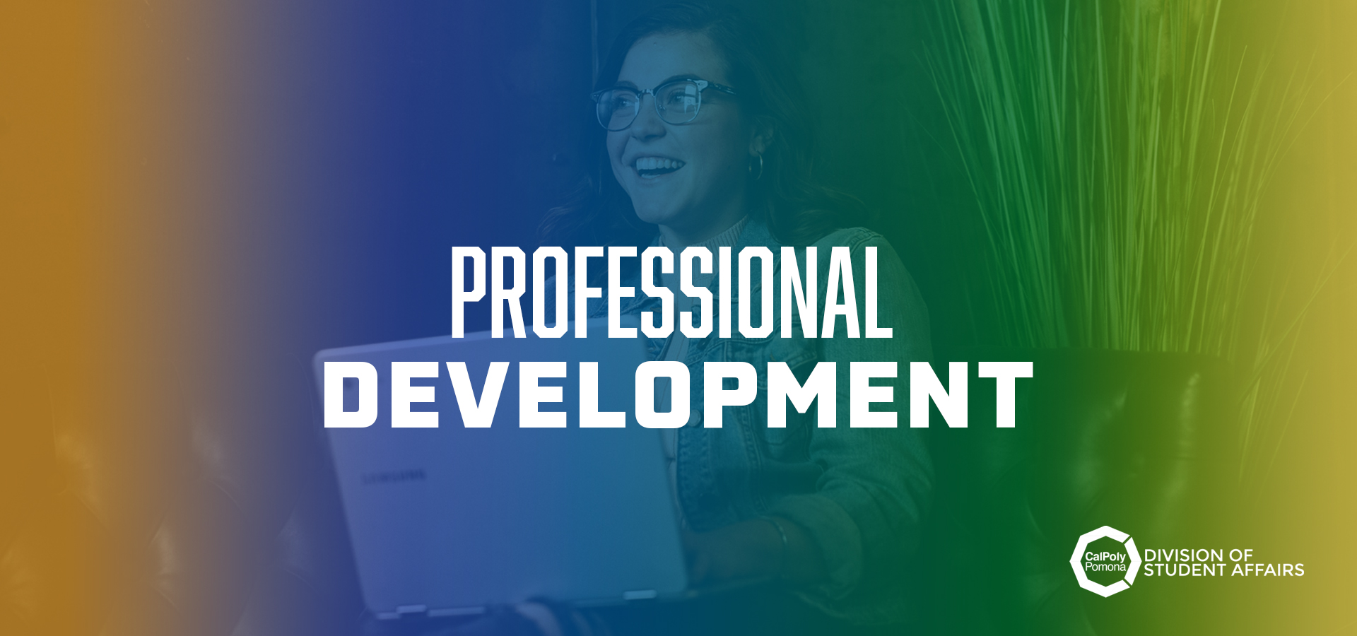 professional development banner with student on laptop 