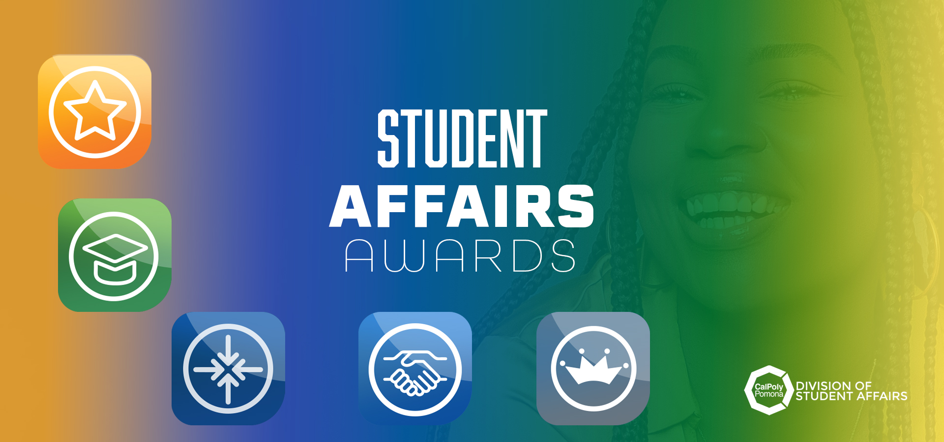 student affairs awards banner with cpp student and award icons