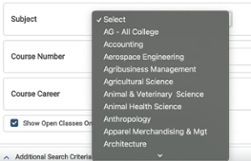 Subject drop down in the Class Search
