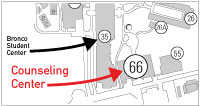 location of building 66 near the Bronco Student Center Building 35