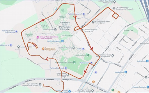 Shows a map of the main campus shuttle, featuring stops around campus