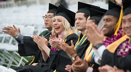 A group of students celebrates during the 2019 commencement ceremony.