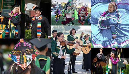Collage of Hispanic students, mariachi ensemble, aztec dancers during Dia de los Muertos